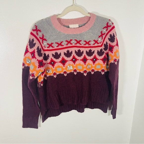 Cinq A Sept Gianni Fair Isle Sweater Wool Blend Knit Sequins Studded Preppy - Picture 3 of 10